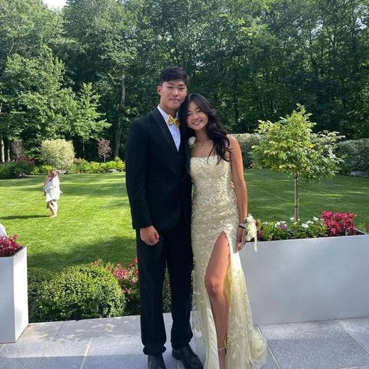 Sexy Mermaid Strapless Yellow Lace Long Prom Dress P1619