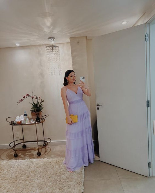 Simple A line Spaghetti Straps Lilac Long Prom Dress P1637