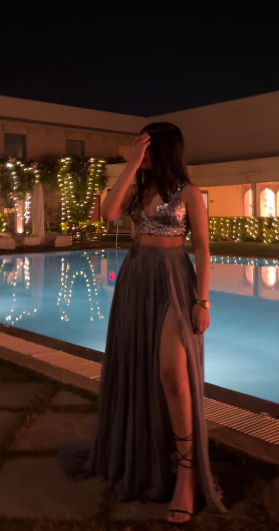 Simple 2 Pieces Spaghetti Straps Gray Long Prom Dress P1640