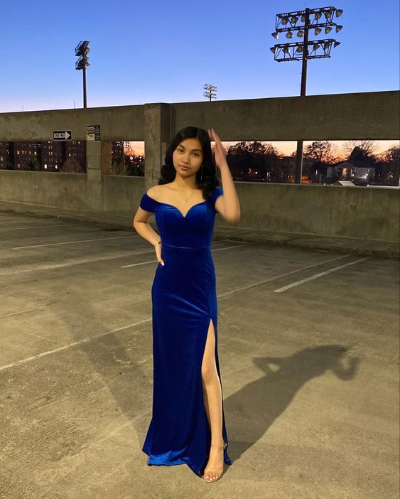 Sexy Mermaid Off The Shoulder Royal Blue Velvet Slit Long Prom Dress P1646