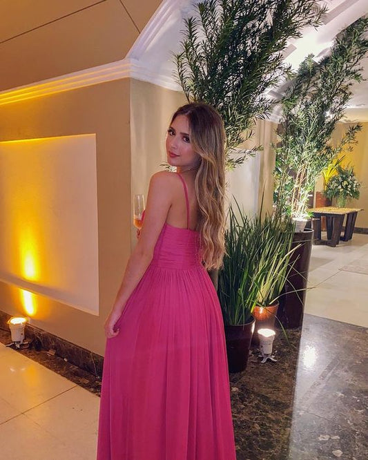 Simple A Line Spaghetti Straps Hot Pink Long Prom Dress P1654