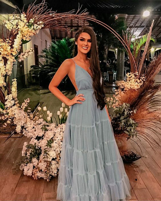 Simple A line Light Sky Blue Tulle Long Prom Dress P1662