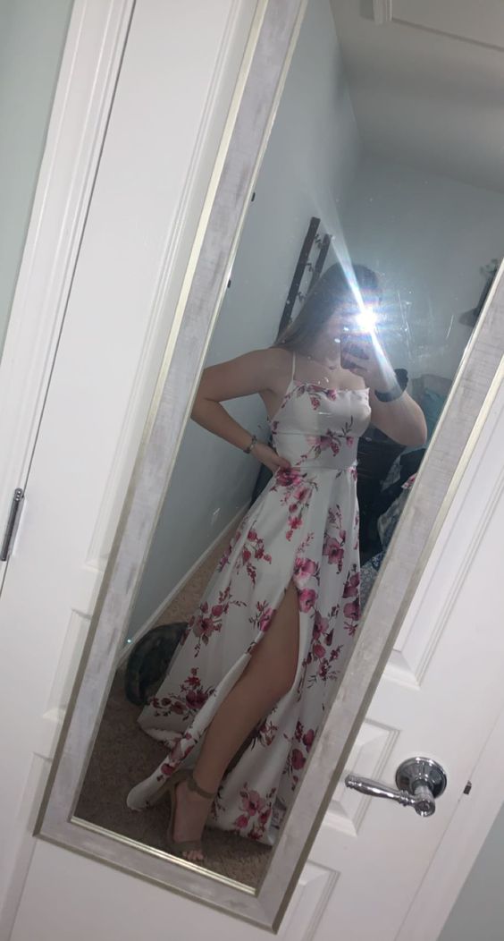 Simple A line Straps White Satin Floral Long Prom Dress P1664
