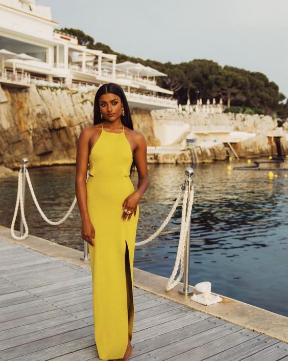 Simple Sheath Halter Slit Yellow Long Prom Dress P1672