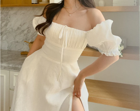 Light Yellow A-line Prom Dress with Puff Sleeves P1673