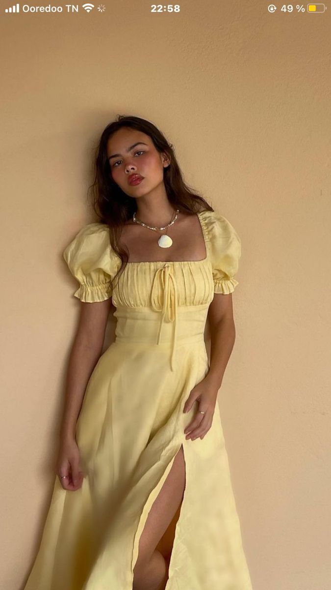 Light Yellow A-line Prom Dress with Puff Sleeves P1673