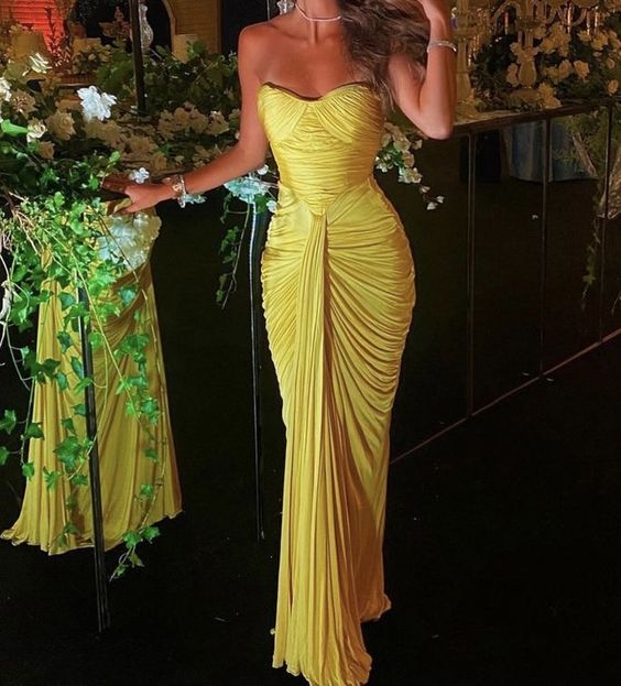 Sexy Mermaid Sweetheart Ruffles Yellow Prom Dress Weddingh Guest Dress