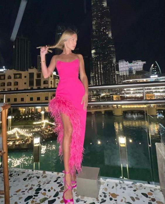 Sexy High Low Sweetheart Hot Pink Feathers Prom Dress P1680