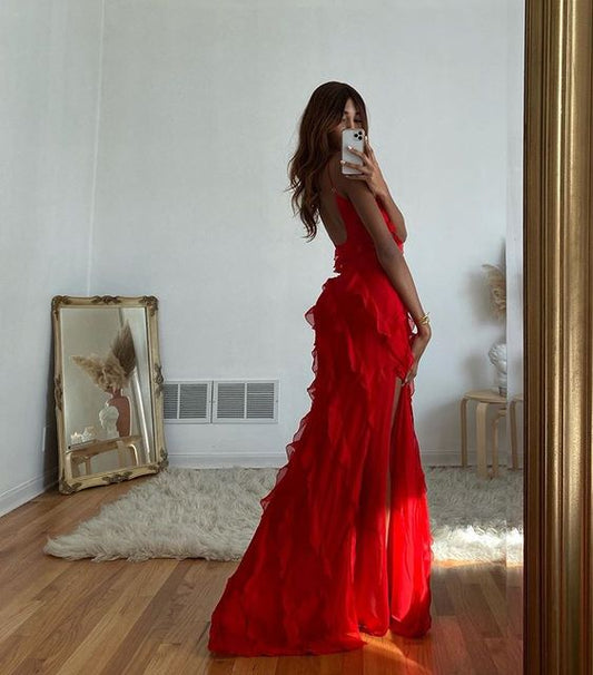 Sexy Sheath Straps Red Long Chiffon Prom Dress P1683