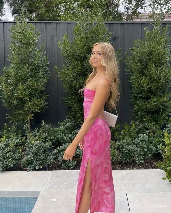 Sexy Sheath Spaghetti Straps Floral Pink Long Backless Prom Dress 1684