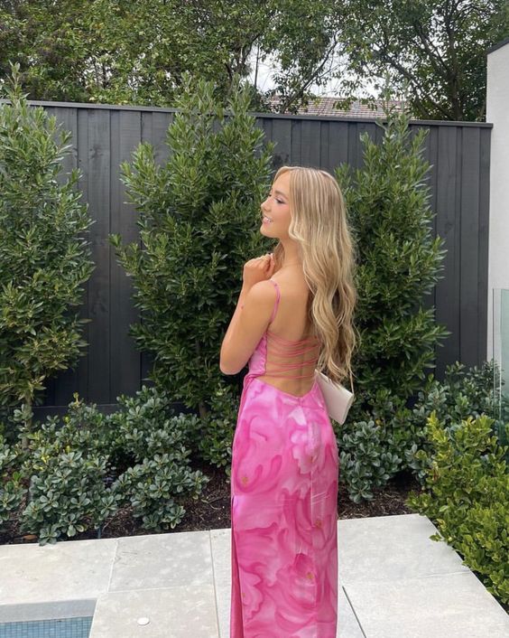 Sexy Sheath Spaghetti Straps Floral Pink Long Backless Prom Dress 1684