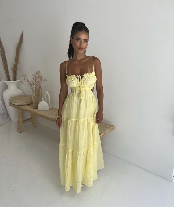 Sexy A line Spaghetti Straps Yellow Floor Length Chiffon Prom Dress 1691