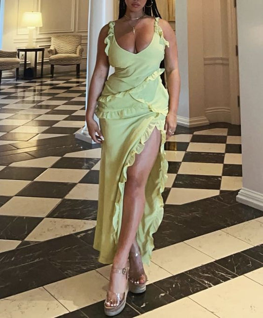 Sexy A line Straps Ruffles Floor Length Chiffon Prom Dress 1693