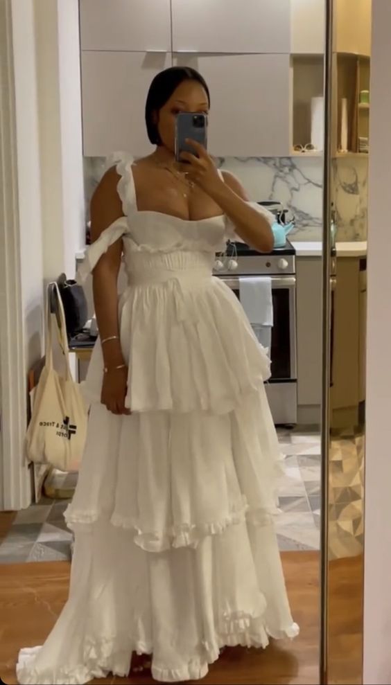 Sexy A line Straps Ruffles Floor Length Chiffon White Prom Dress 1697
