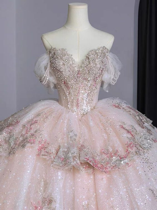 Ball Gown Sweet 16 Dress Off the Shoulder Pink Sweet 16 Dresses P1718