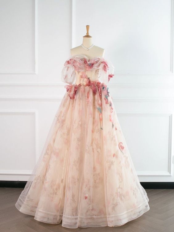 Ball Gown Champagne Tulle Floral Prom Dress P1726
