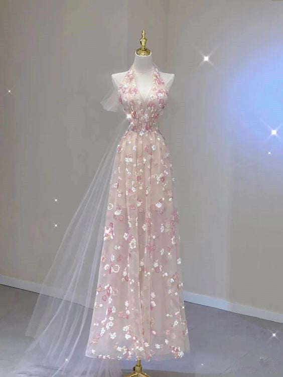 Elegant A line Halter Tulle Floral Pink Prom Dress P1730 PreppyDress Elegant A line Halter Tulle Floral Pink Prom Dress P1730 PreppyDress