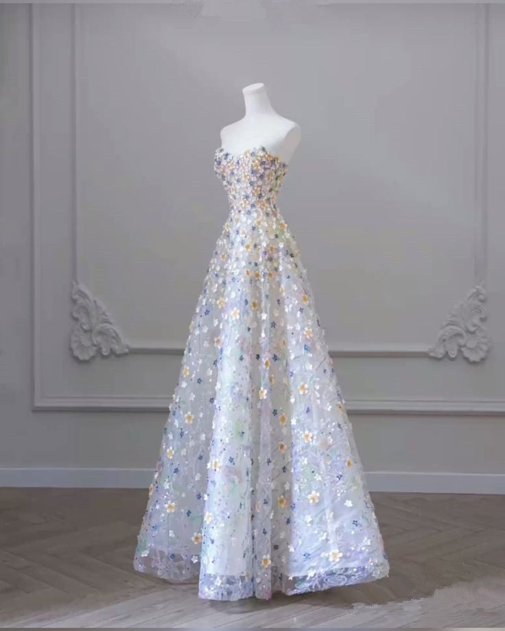 Elegant A line Strapless Floral Long Prom Dress P1735