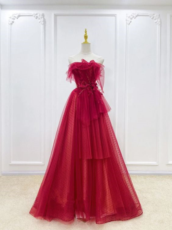 Elegant A line Strapless Red Tulle Long Prom Dress P1736