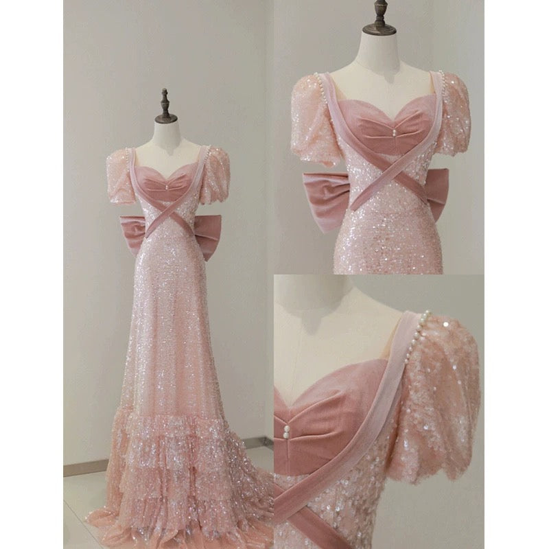 Fairy A line Short Sleeves Sequin Long Prom Dress P1739