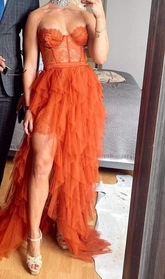 Rust Red Sweetheart High Low Tiered Prom Dress P1750