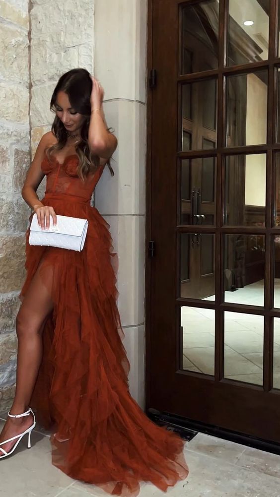 Rust Red Sweetheart High Low Tiered Prom Dress P1750
