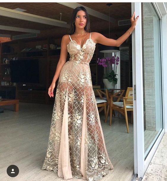 Sexy A Line Champagne Lace Prom Dresses P1757