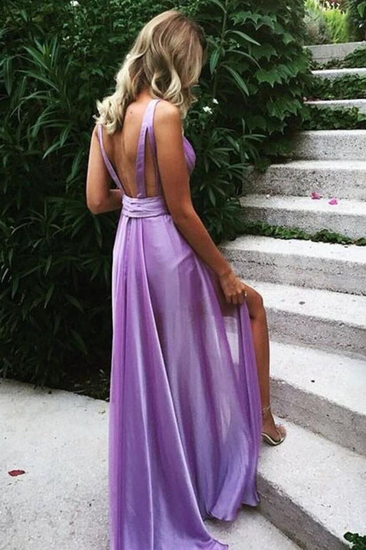 Unique V Neck Backless Purple Long Prom Dresses P1766