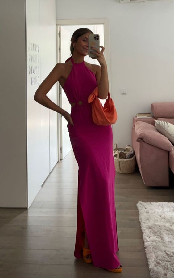 Vintage Sheath Halter Hot Pink Long Prom Dresses P1775
