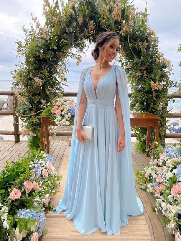 Light Sky Blue Chiffon A Line Prom Dresses With Streamer P1780 – PreppyDress