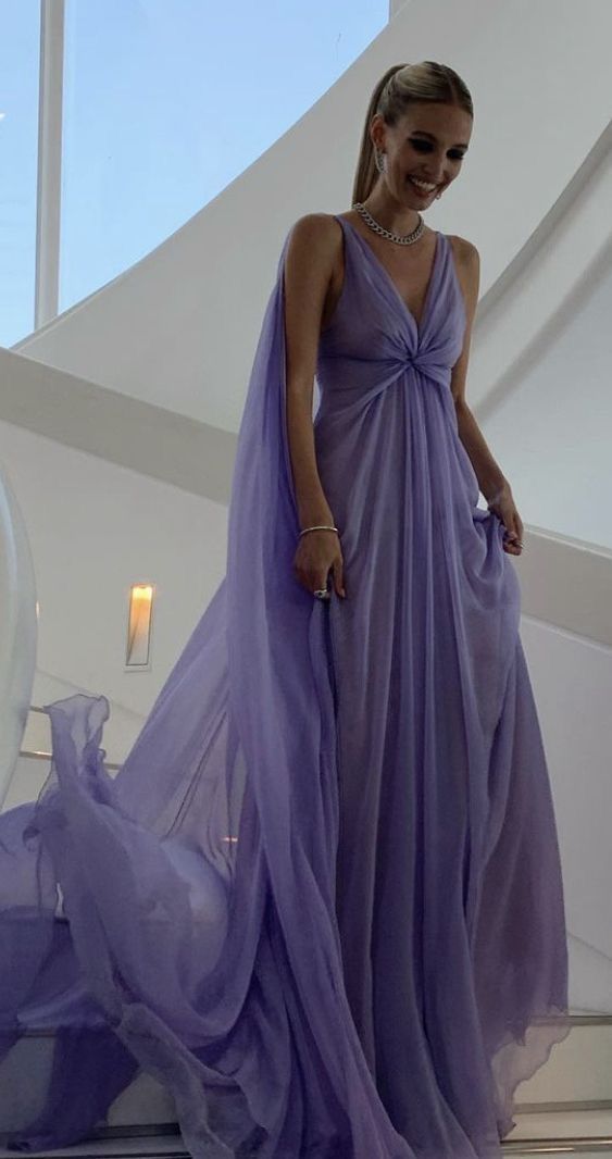 lilac chiffon prom dress Lilac Flowy Sheath Spaghetti Strap Ruffle Chiffon Prom Dress Party Dress with Slit SH4016