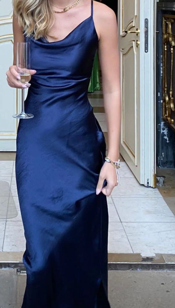 Simple Sheath Straps Navy Blue Long Prom Dresses P1792