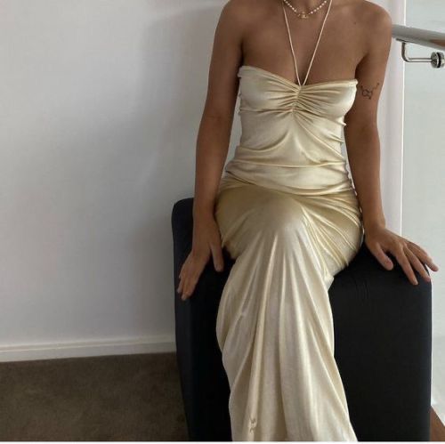 Simple Sheath Halter Champagne Long Prom Dresses P1796
