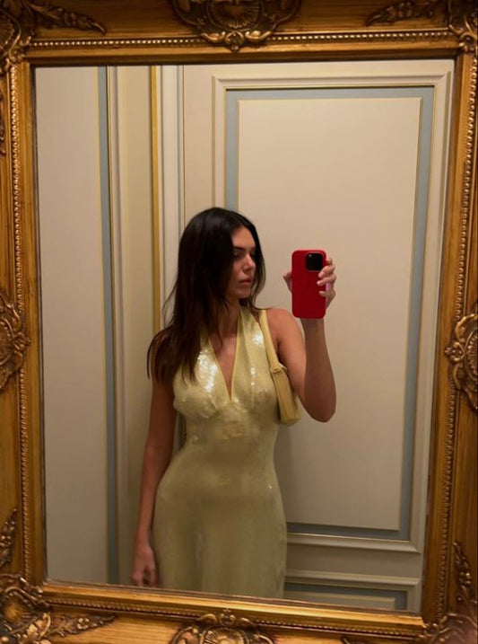 Simple A Line V neckline Yellow Sequin Prom Dresses P1799