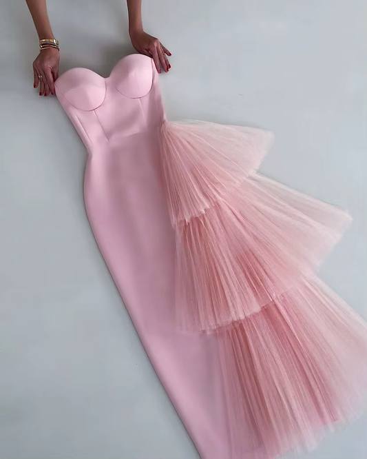 Einfaches Etui-Abendkleid mit Herzausschnitt in Pink, langes Ballkleid P1829