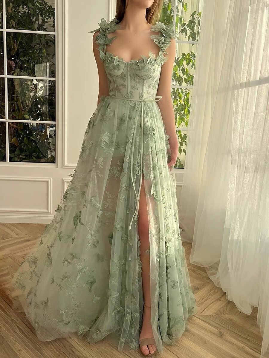 A line Green Corset Long Tulle Prom Dress With 3D Butterflies P1843 PreppyDress A line Green Corset Long Tulle Prom Dress With 3D Butterflies P1843 PreppyDress