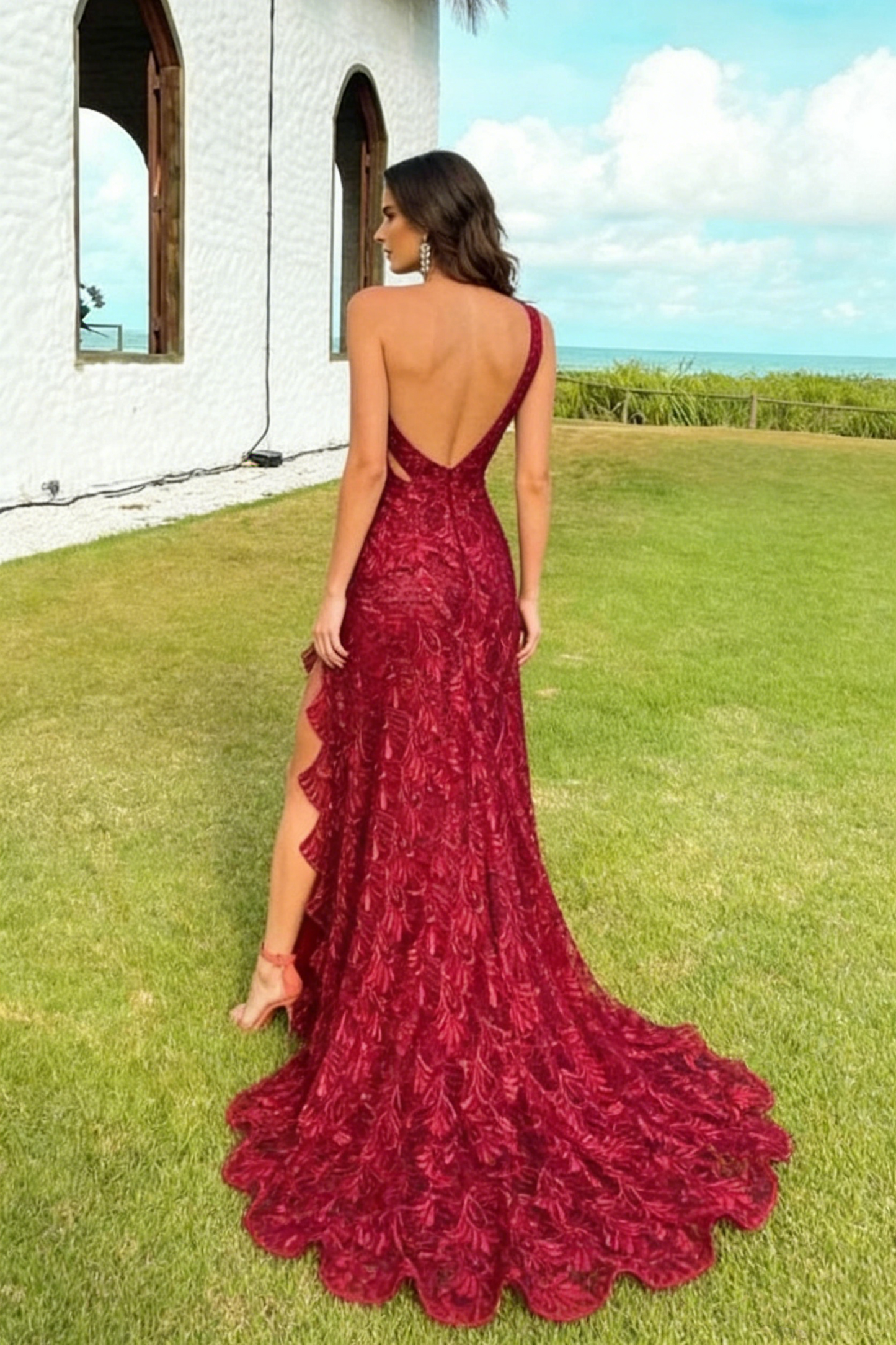 Beautiful Sheath One Shoulder Lace Long Prom Dress Evening Dress P1846