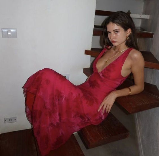 Beautiful Mermaid Prom Gown Red Floral Prom Dresses P1860