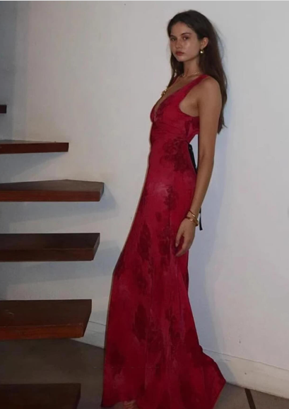 Beautiful Mermaid Prom Gown Red Floral Prom Dresses P1860