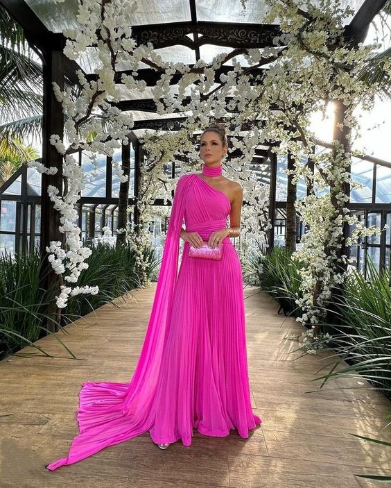 Elegant Long Chiffon Hot Pink Evening Dresses With Cape A-Line One Shoulder Prom Dress P1887 AS PHOTO US2