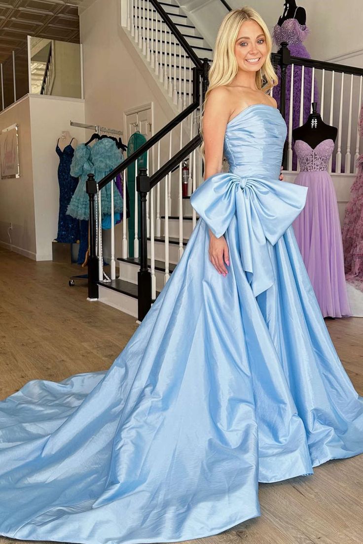 A-Line Strapless Light Blue Satin Long Prom Dress with Bow P1888