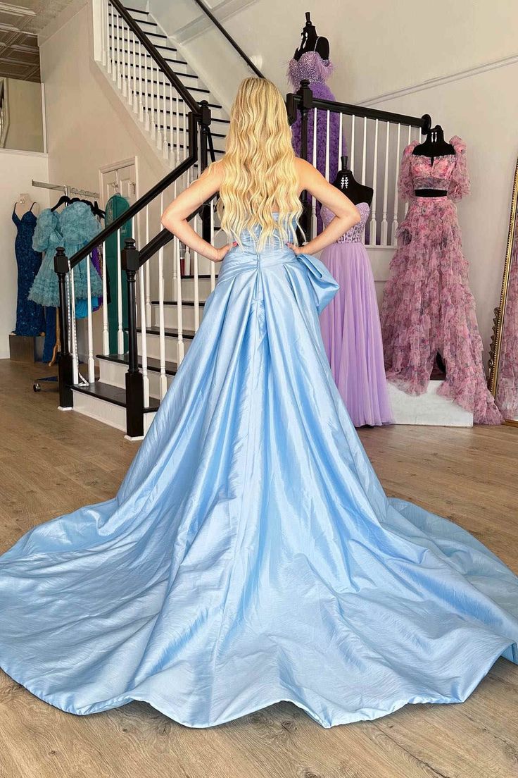 A-Line Strapless Light Blue Satin Long Prom Dress with Bow P1888