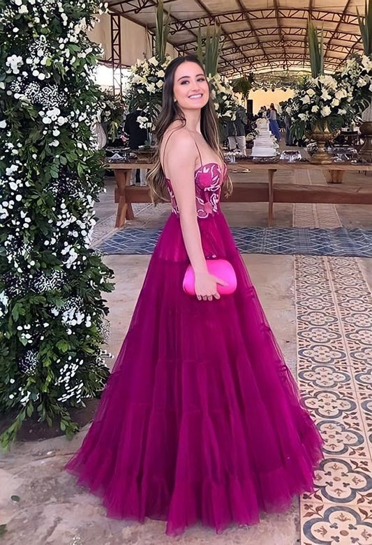 A-Line Long Embroidered Flower Sweethearts Tiered Tulle Prom Dress P1890