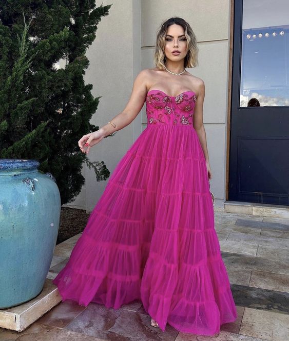 Ball Gown Long Sweetheart Tiered Tulle Hot Pink Prom Dress P1893