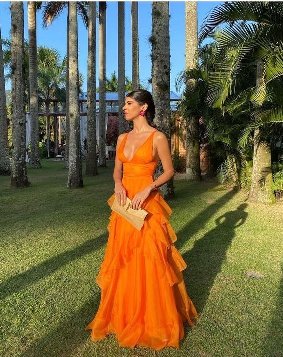 A Line Orange Long Prom Dresses V Neck Formal Dress Outfits P1899 - ORANGE / US2 A Line Orange Long Prom Dresses V Neck Formal Dress Outfits P1899 - ORANGE / US2