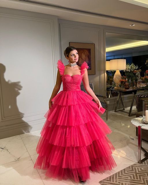 Hot Pink Tulle A-line Straps Long Evening Prom Dresses P1913