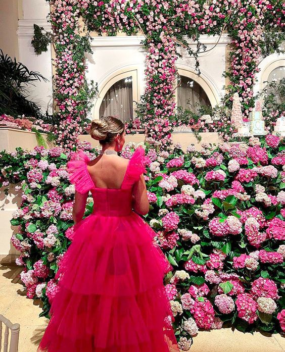 Hot Pink Tulle A-line Straps Long Evening Prom Dresses P1913