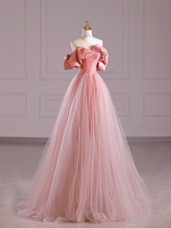 Fairy A Line Off The Shoulder Pink Tulle Prom Dresses For Teens P1930 Fairy A Line Off The Shoulder Pink Tulle Prom Dresses For Teens P1930