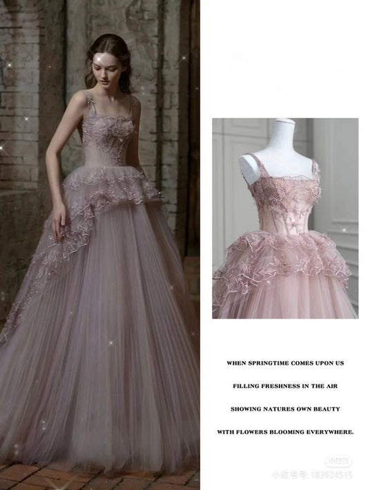 Fairy Ball Gown Straps Pink Tulle Prom Dresses Long Party Dress P1939