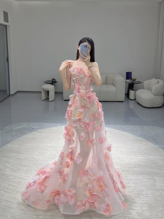 Fairy Ball Gown Strapless Pink Floral Prom Dresses Long Evening Dress P1941